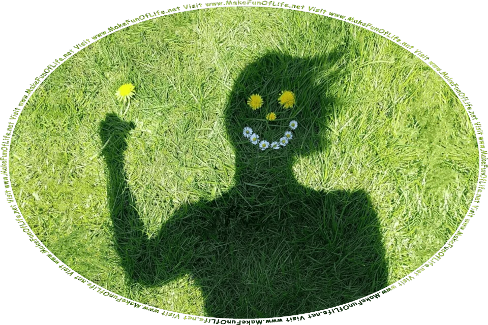 Picture of a shadow of a woman on green grass, with daisy flower blossoms lined up to form a smiling mouth, dandelion flower blossoms for two eyes and a nose, a dandelion blossom on a stem held in the shadow’s outstretched hand, and the words, Visit www.MakeFunOfLife.net.