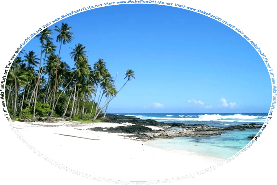 Picture of a sandy tropical beach, with palm trees lining one side, and the ocean lining the other side, and the words, Visit www.MakeFunOfLife.net.