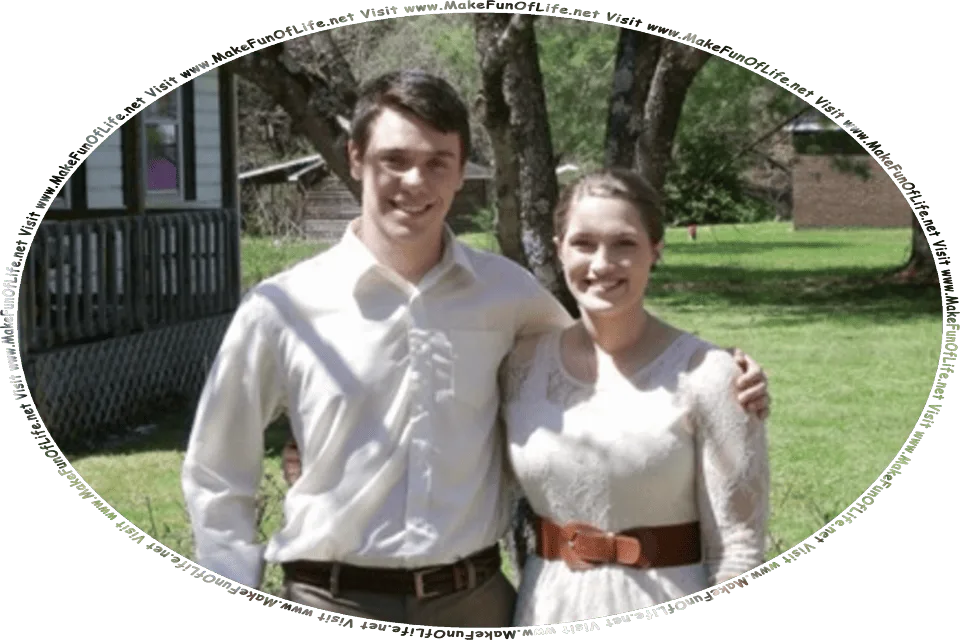 Picture of a happy smiling husband and a happy smiling wife standing together outside on the grass under shade trees on a bright sunny day, and the words, Visit www.MakeFunOfLife.net.