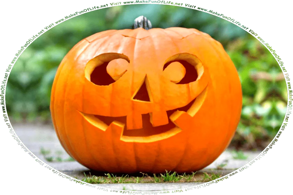 Picture of a happy smiling jack o-lantern pumpkin on a brick-paved sidewalk with green grass growing up between the bricks, and the words, Visit www.MakeFunOfLife.net.