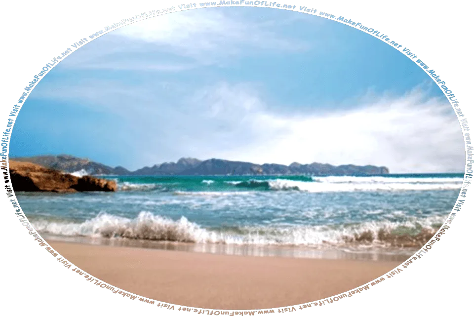 Picture of a brown sandy beach with waves rushing up onto it, hazy blue sky above, and the words, Visit www.MakeFunOfLife.net.