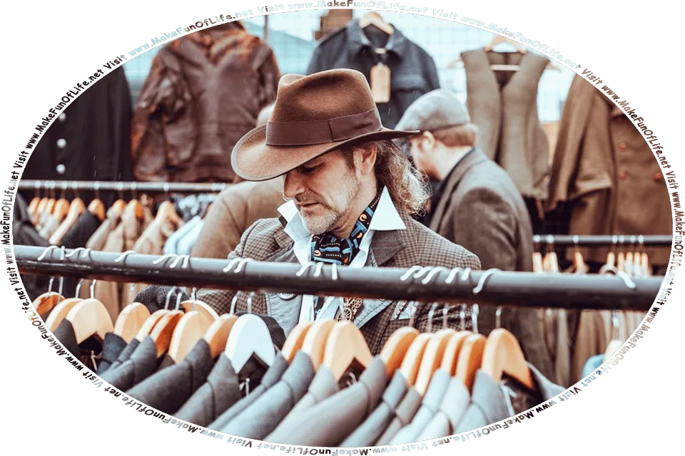 Picture of a man shopping in a store for a suit, and the words, Visit www.MakeFunOfLife.net.