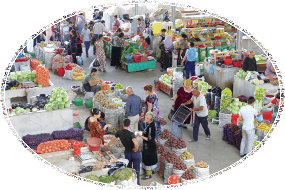 Picture of an indoors farm produce market with shoppers, and the words, Visit www.MakeFunOfLife.net.