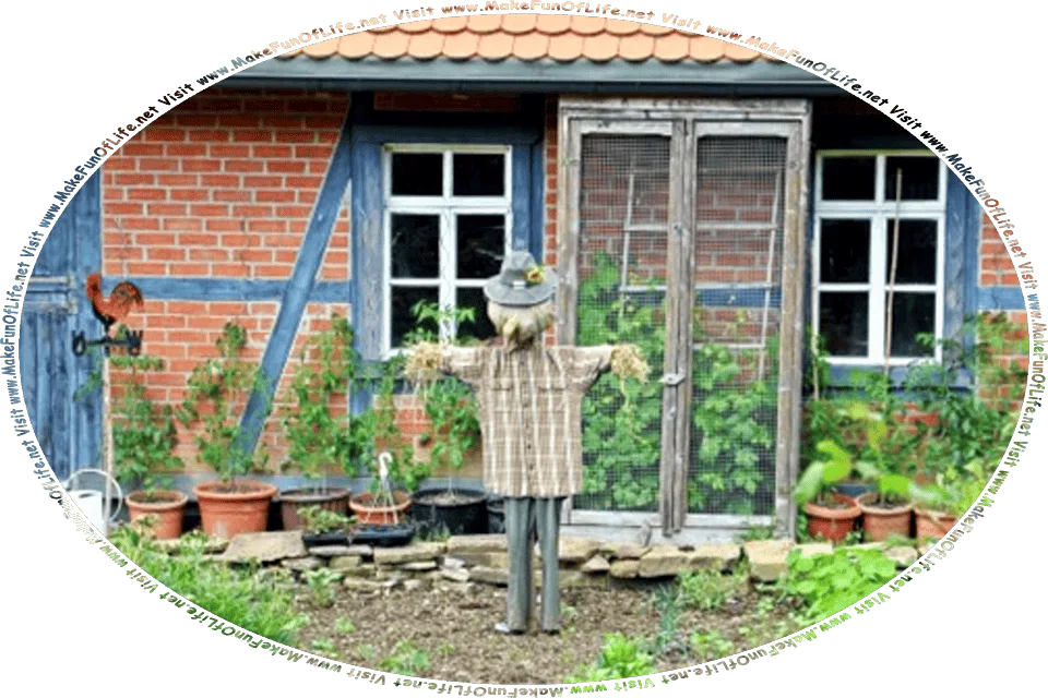 Picture of a scarecrow made of old clothes stuffed with straw, standing in a garden near a garden shed, and the words, Visit www.MakeFunOfLife.net.