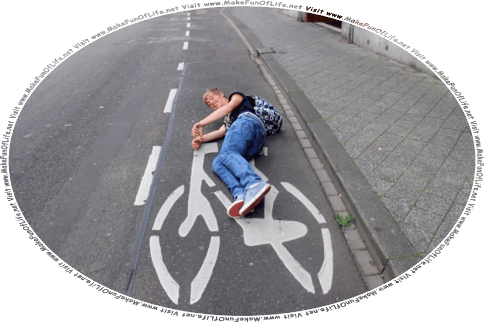 Picture of a happy smiling young man lying down on his side atop a bicycle painted on a roadway, as if riding it, and the words, Visit www.MakeFunOfLife.net.