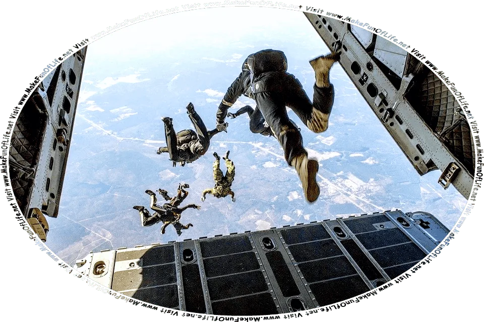 Picture of eight skydivers jumping out of a flying airplane, and the words, Visit www.MakeFunOfLife.net.