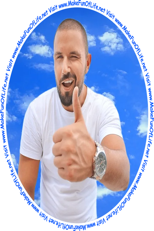 Picture of a happy smiling winking man with thumb up hand gesture and with blue sky and fluffy white clouds in the background.