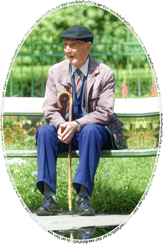 Picture of an elderly retired man holding a cane while sitting on a bench and looking at the words and pictures on the website, and the words, Visit www.MakeFunOfLife.net.
