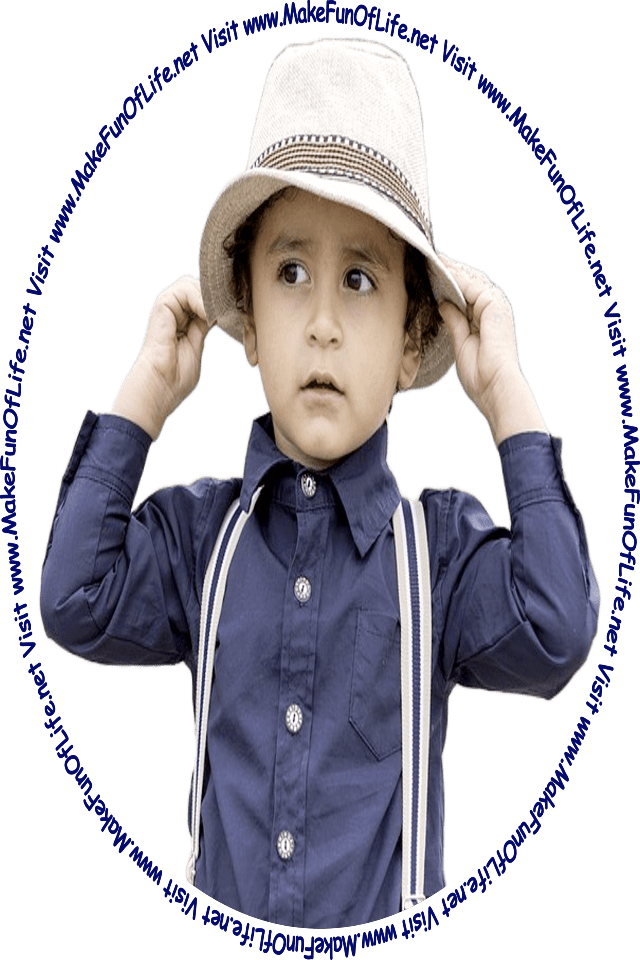 Picture of a boy looking at the words and pictures on the website, and the words, 'Visit www.MakeFunOfLife.net.'
