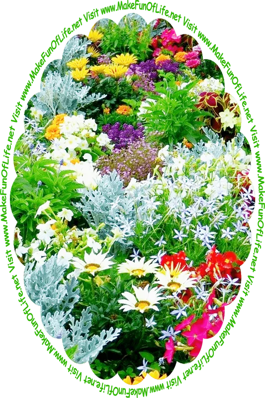 Picture of a variety of ornamental plants with frosty-blue and bright green colored leaves and a variety of flowering plants with blossoms in white, yellow, orange, lavender, pink, and red, and the words, ‘Visit www.MakeFunOfLife.net.’