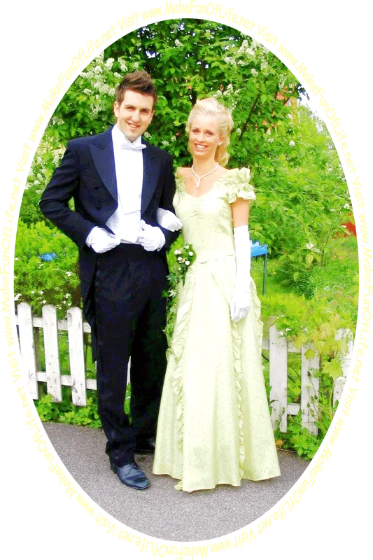 Picture of a happy smiling man in a dark blue tuxedo, standing in front of a white picket fence under a tree, next to a happy smiling woman in a pale yellow gown, and the words, ‘Visit www.MakeFunOfLife.net.’