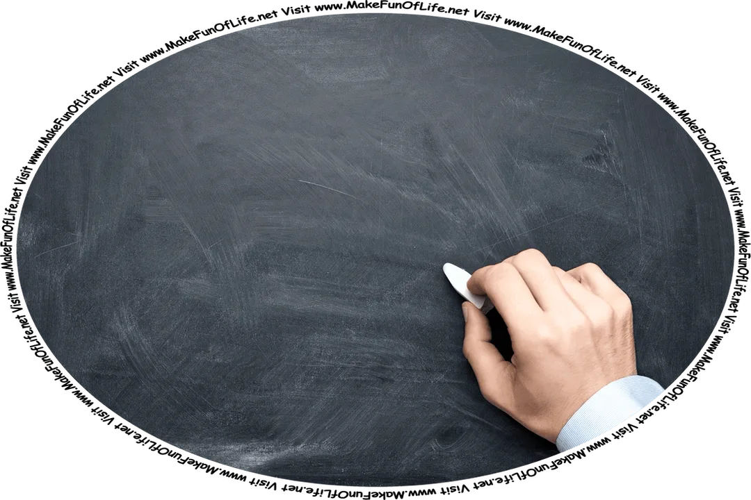 Picture of a hand holding a piece of chalk against a blank chalkboard, and the words, ‘Visit www.MakeFunOfLife.net.’