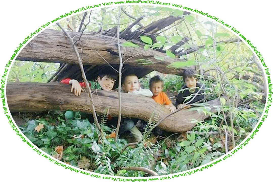 Picture of four happy smiling boys a woods with green leafy trees and other plants, and the words, ‘Visit www.MakeFunOfLife.net.’