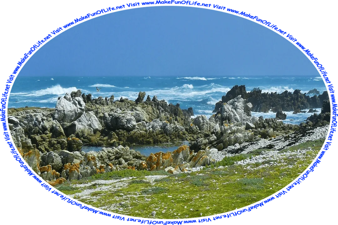Picture of a rocky seacoast contrasted by slightly rough surf of the water and just past the rocks inland a calm and peaceful field of short green grass growing, and the words, ‘Visit www.MakeFunOfLife.net.’
