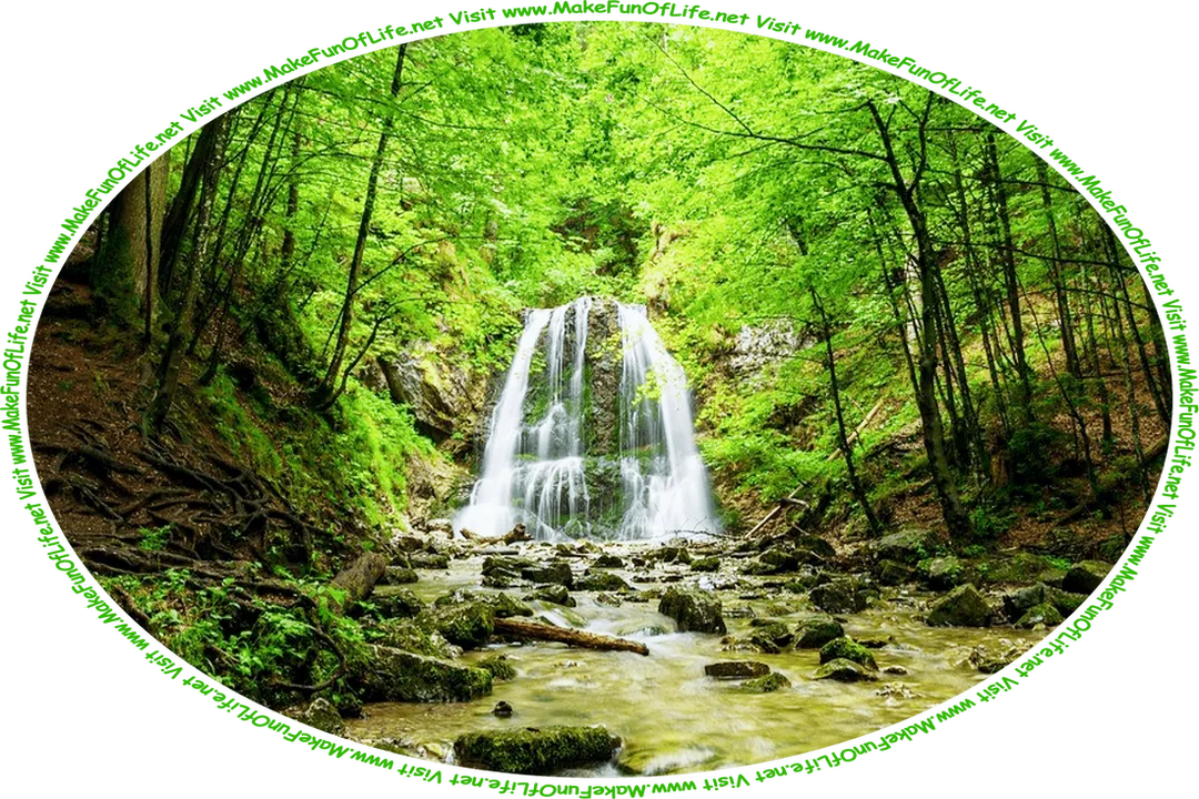 Picture of a waterfall in a dense forest of green leafy trees, and the words, ‘Visit www.MakeFunOfLife.net.’