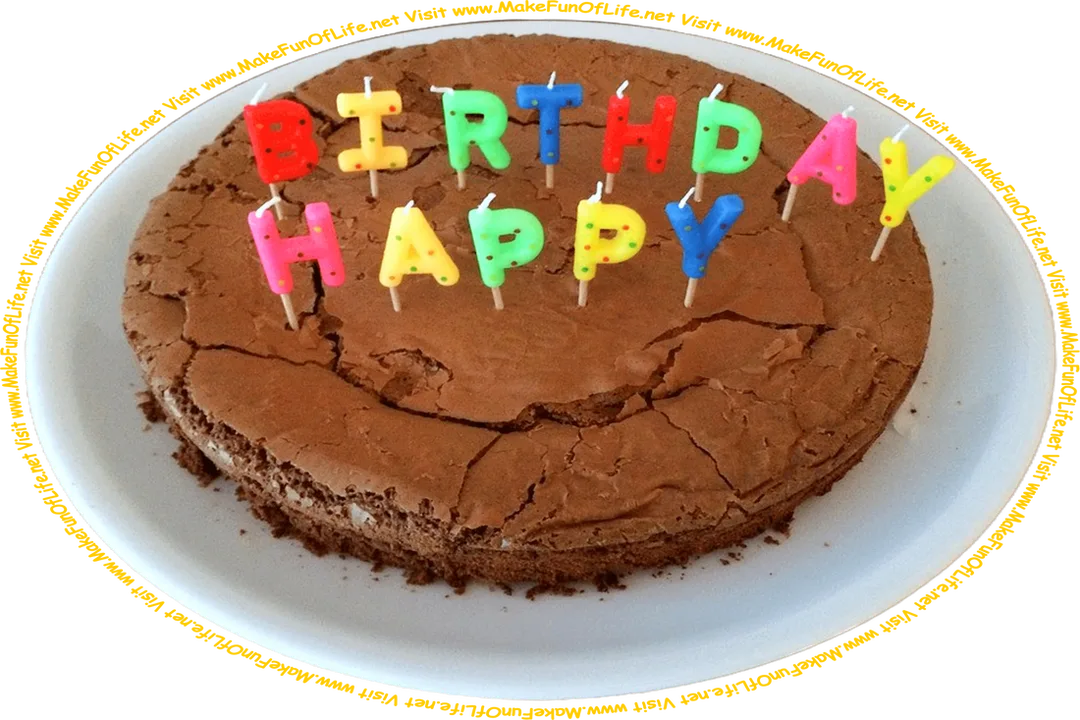 Picture of a plain cake with no frosting on a dinner plate and letter-shaped candles spelling, Birthday Happy’ placed somewhat haphazardly on the cake, and the words, ‘Visit www.MakeFunOfLife.net.’