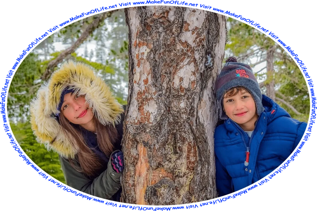 Picture of a happy smiling sister and brother dressed in warm coats and standing outside, on the opposite sides of a tree trunk, on a Winter day, with evergreen trees and fallen snow in the background, and the words, ‘Visit www.MakeFunOfLife.net.’