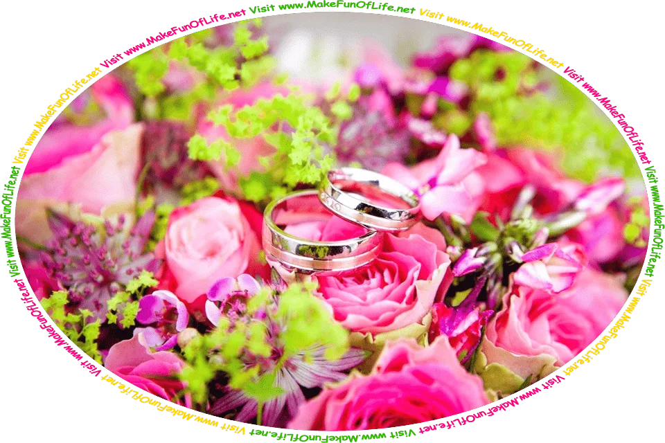 Picture of a pair of wedding bands placed atop the petals of a bouquet of roses, and the words, ‘Visit www.MakeFunOfLife.net.’
