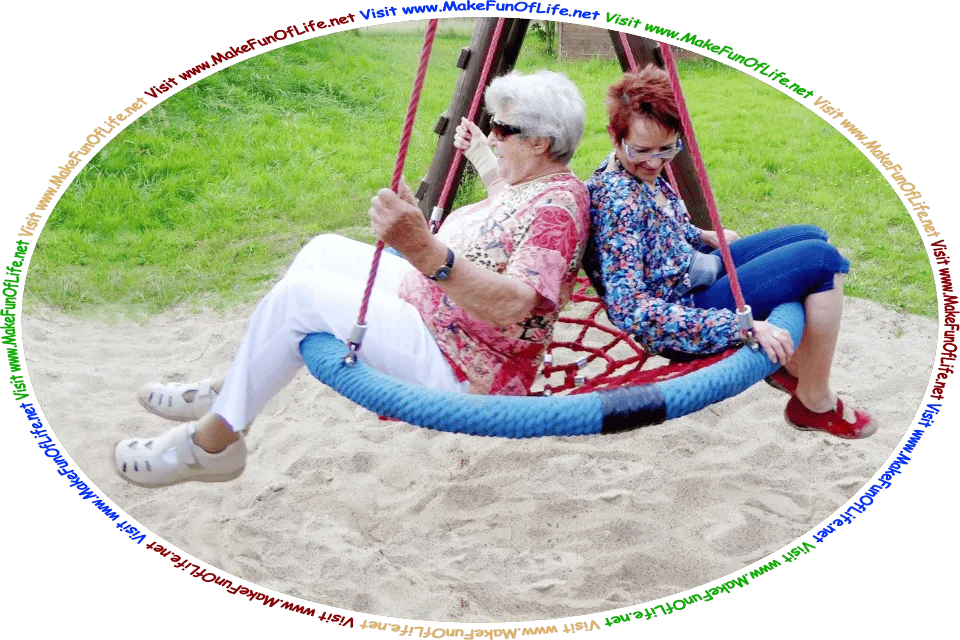 Picture of a two women sitting on a playground swingset, and the words, ‘Visit www.MakeFunOfLife.net.’