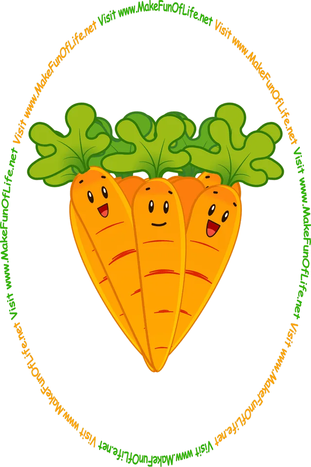 Picture of three happy smiling baby carrots, and the words, ‘Visit www.MakeFunOfLife.net.’