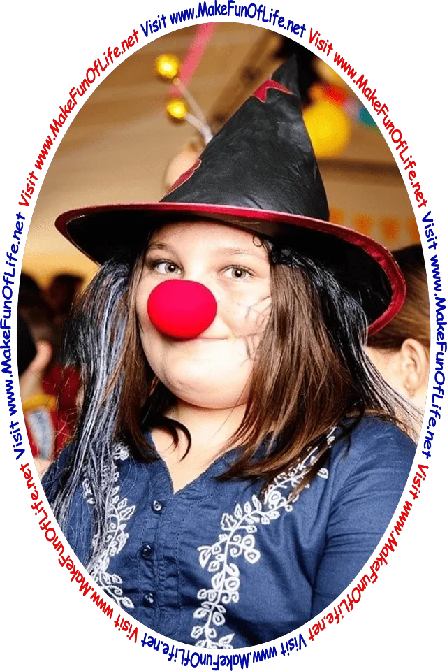 Picture of a girl wearing a pointy witch's hat and a bright red clown nose.
