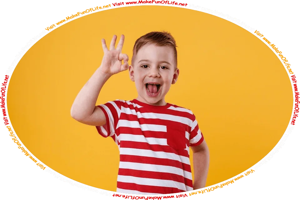 Picture of a happy smiling boy making an a-okay sign with his raised hand, and the words, ‘Visit www.MakeFunOfLife.net.’