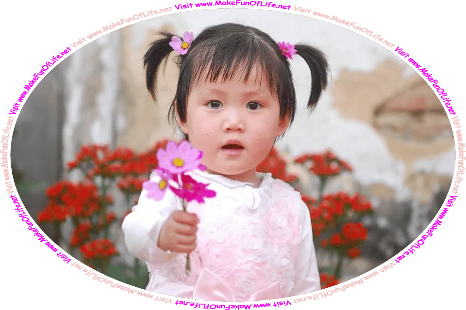 Picture of a girl holding out an offering of a bouquet of flowers, and the words, ‘Visit www.MakeFunOfLife.net.’