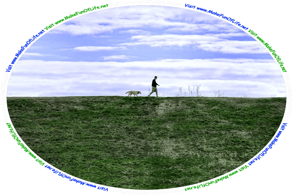 Picture of a man and a dog walking across a green grassy field under a cloudy sky, and the words, ‘Visit www.MakeFunOfLife.net.’