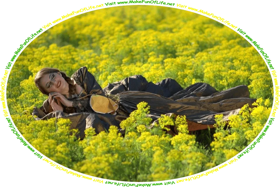 Picture of a woman miming, or doing an impression of, a person lying asleep in a field of flowers, and the words, Sleep And Sleeping Gathered By David Hugh Beaumont - Visit www.MakeFunOfLife.net.’