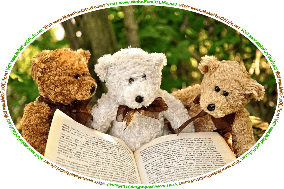 Picture of three teddy bears reading a book, and the words, ‘Visit www.MakeFunOfLife.net.’