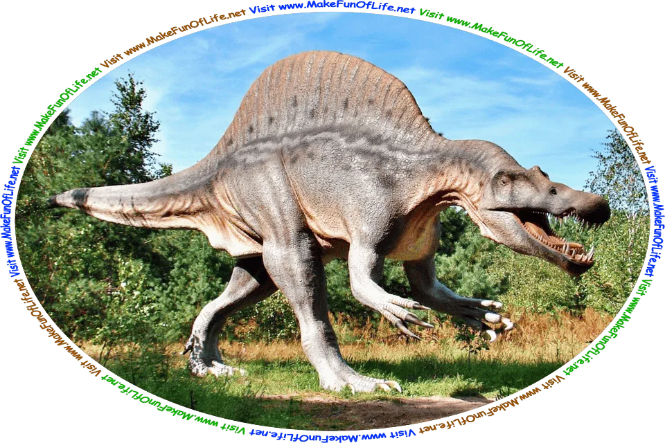 Picture of a dinosaur with sharp teeth and long sharp claws, walking in a woodland area, and the words, ‘Visit www.MakeFunOfLife.net.’