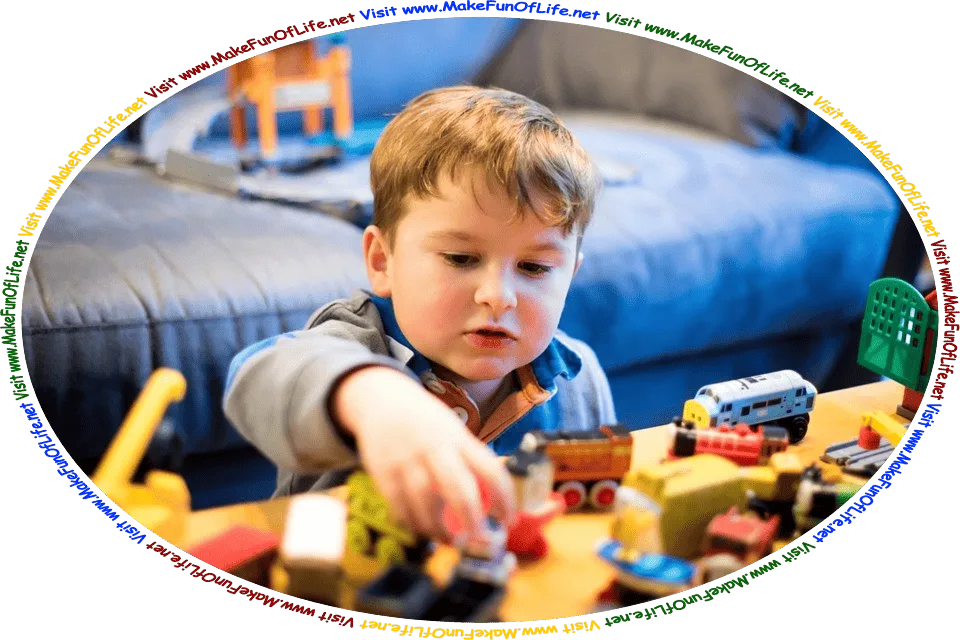 Picture of a boy playing with toy trucks, and the words, ‘Now We Are Six Gathered By David Hugh Beaumont - Visit www.MakeFunOfLife.net.’