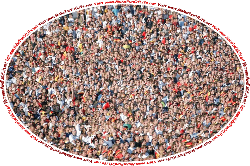 Picture of a large crowd of spectators at an event, and the words, ‘Visit www.MakeFunOfLife.net.’