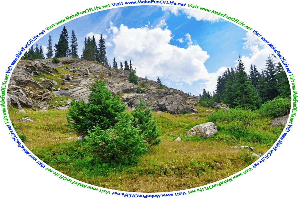 Picture as seen from below of a steep hillside, with rocks, green leafy trees and small green plants, a blue sky with fluffy white clouds above, and the words, ‘Visit www.MakeFunOfLife.net.’