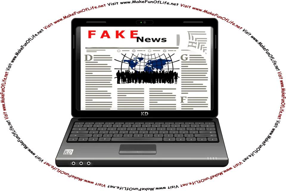 Picture of a laptop computer displaying a fake news website, and the words, ‘Visit www.MakeFunOfLife.net.’