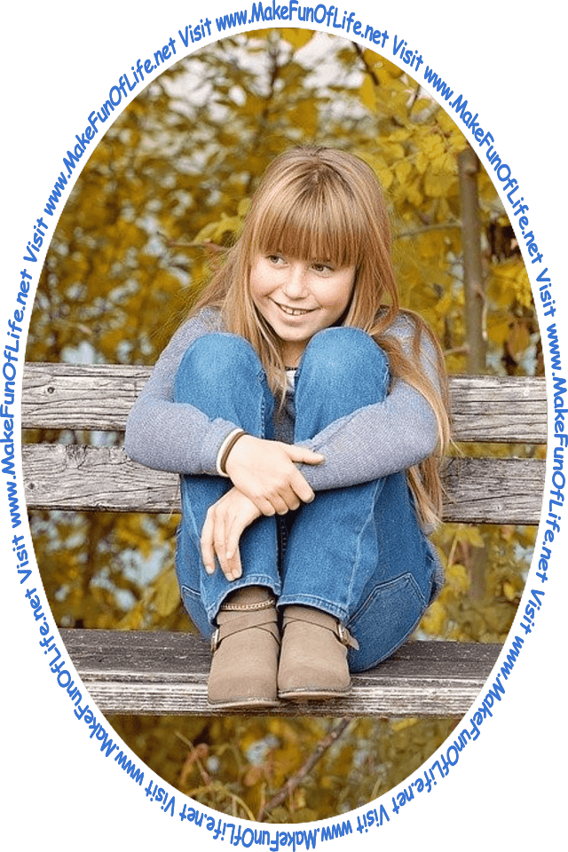 Picture of a girl looking at the words and pictures on the website, and the words, 'Visit www.MakeFunOfLife.net.'