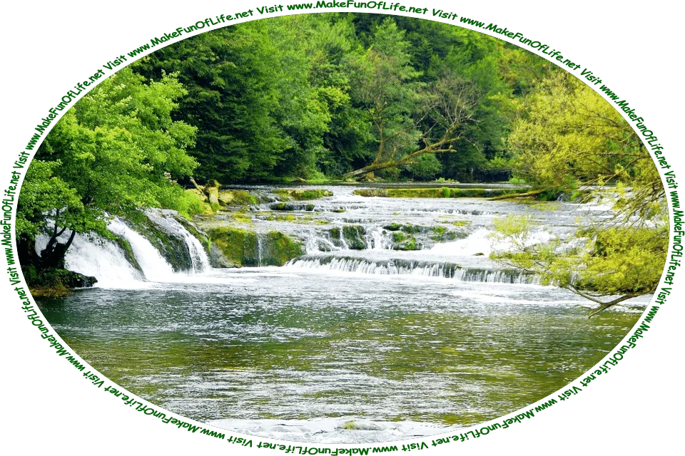 Picture of a wide river flowing through a dense wilderness of leafy green trees, and the words, ‘Visit www.MakeFunOfLife.net.’