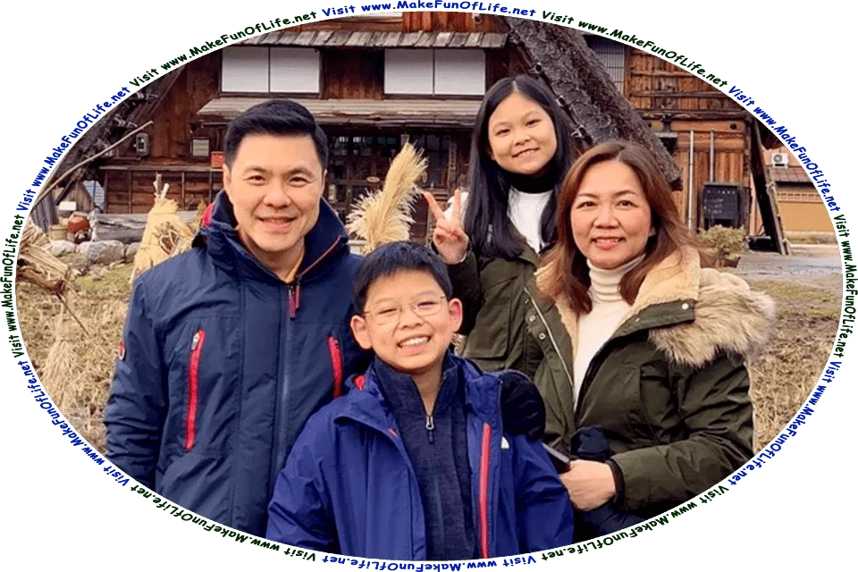 Outdoors picture of a happy smiling family, with a father, mother, daughter, and son, and the words, Visit www.MakeFunOfLife.net.