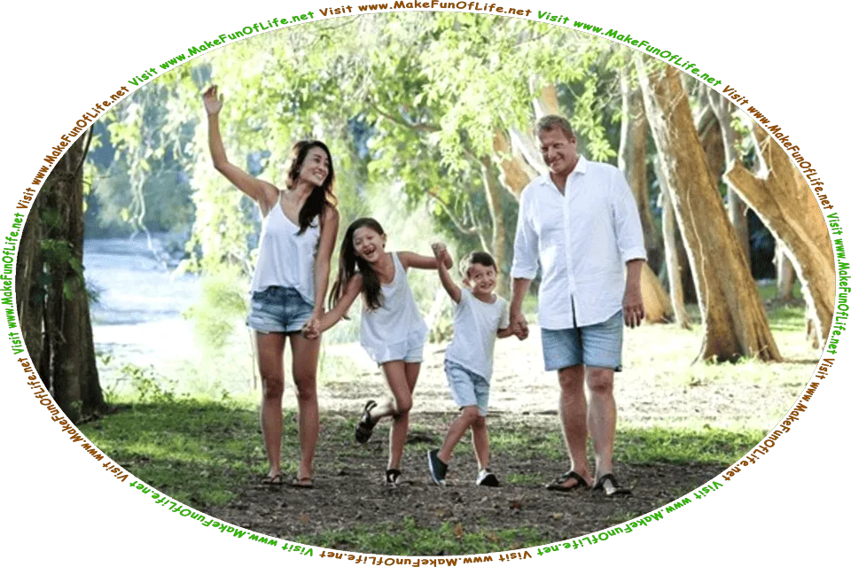 Picture of a family of 5, with a husband, wife, and 3 daughters, strolling through a park on a sandy trail, with green grass and semi-tropical green leafy plants and trees on both sides of the trail, and the words, ‘Visit www.MakeFunOfLife.net.’