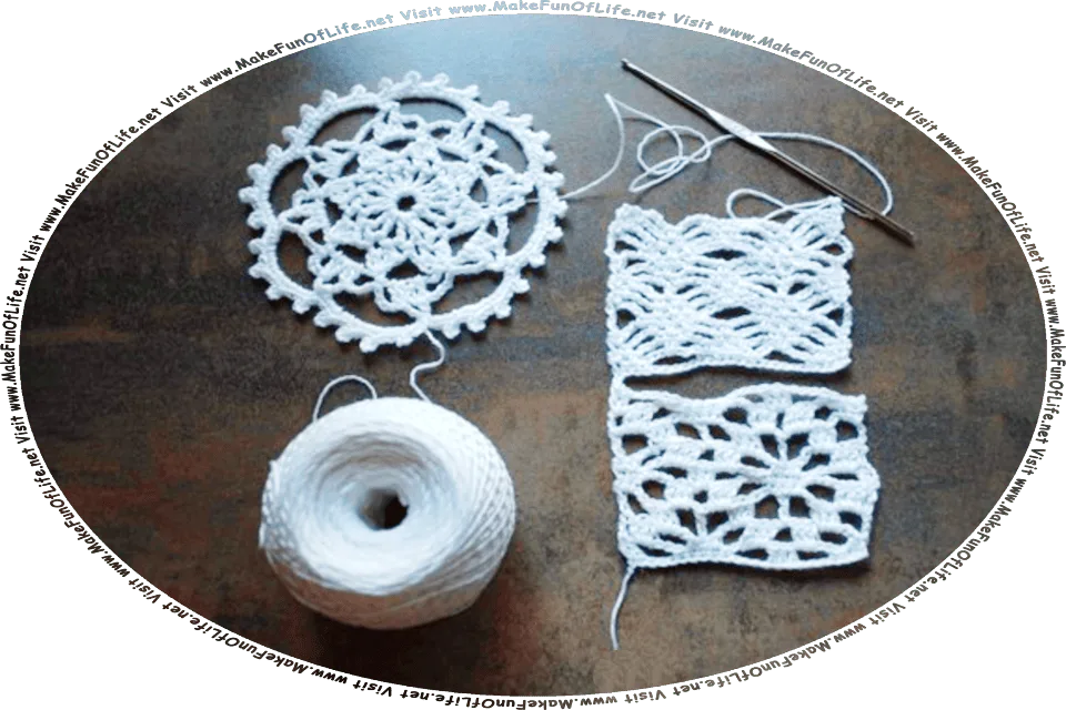 Picture of handmade doilies, with one round doily resembling a flower, and two square doilies with snowflake and elaborately woven patterns, along with a spool of thread and needle used for making doilies, and the words, Visit www.MakeFunOfLife.net.