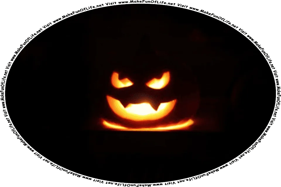 Picture of a pumpkin jack o’lantern lit up with a light inside it, and the words, Visit www.MakeFunOfLife.net.