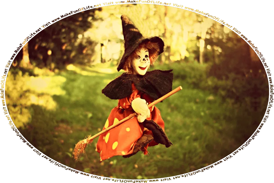 Picture of a happy smiling witch wearing an orange dress with yellow polka dots, a brown pointy hat, and matching brown shoulder cape, while flying through the air with a broom in a wooded area, and the words, Visit www.MakeFunOfLife.net.