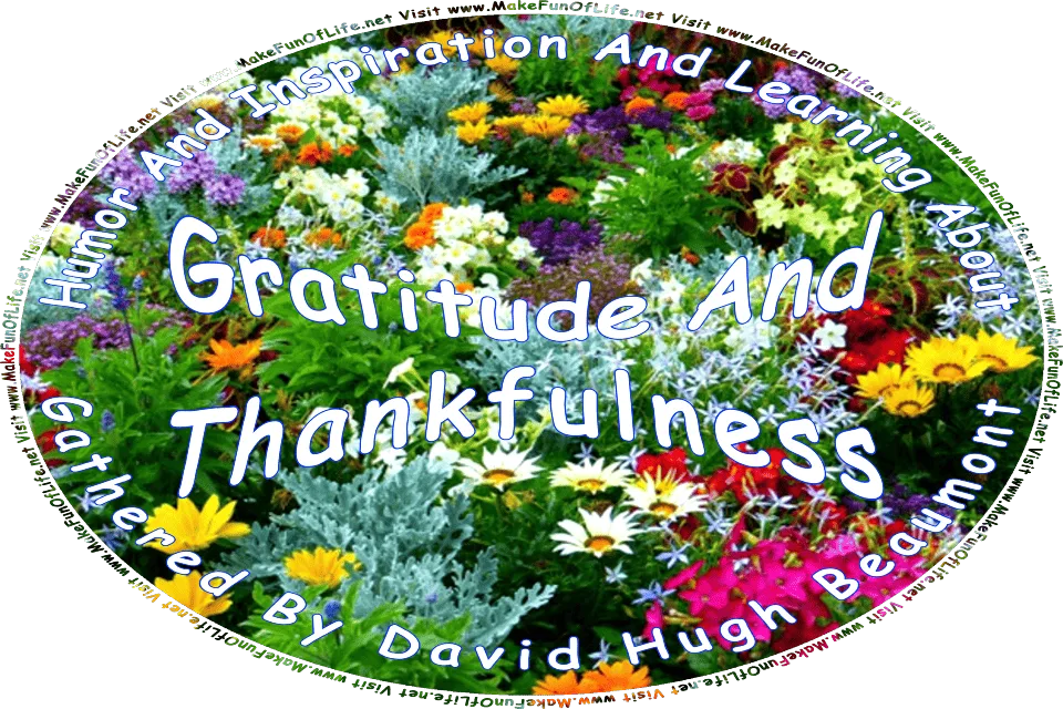 Picture of a variety of flowering plants with differently colored blossoms, and the words, Humor And Inspiration And Learning About Gratitude And Thankfulness Gathered By David Hugh Beaumont - Visit www.MakeFunOfLife.net.