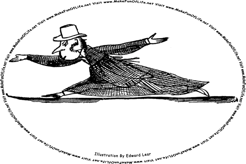 Sketch by Edward Lear of a running man wearing a robe, and the words, Visit www.MakeFunOfLife.net.