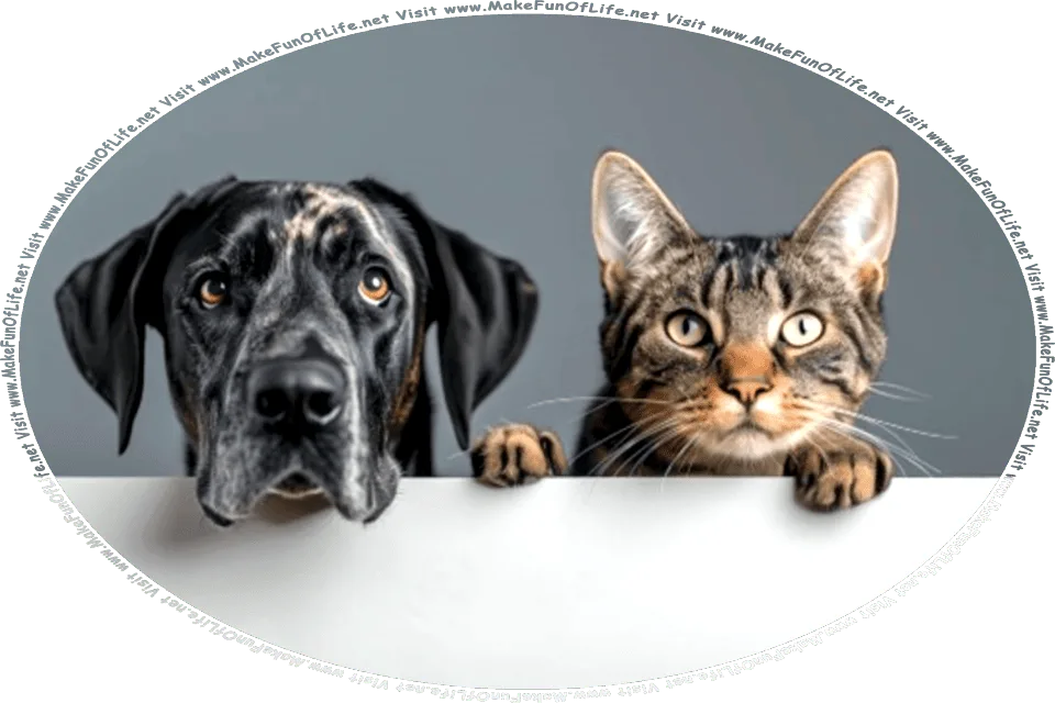 Picture of a dog and a cat side-by-side, looking over a divider, and the words, Visit www.MakeFunOfLife.net.