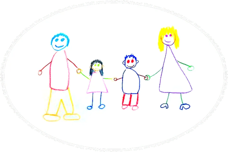 Crayon drawing by a child, of a family of happy smiling people, with a mother, a father, a daughter, and a son, and the words, Visit www.MakeFunOfLife.net.