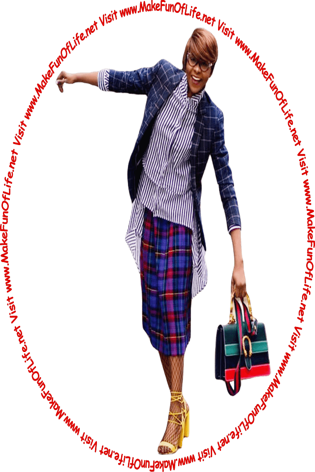 Picture of a happy smiling woman keeping her balance while playfully walking an absolutely straight line as she carries a large handbag, and the words, Visit www.MakeFunOfLife.net.