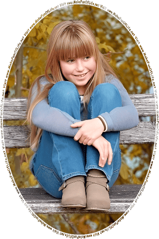 Picture of a happy smiling girl sitting on an outdoors bench, and the words, Visit www.MakeFunOfLife.net.