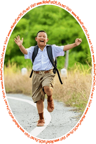 Picture of a happy smiling boy outdoors, and the words, Visit www.MakeFunOfLife.net.