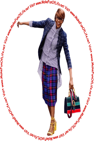 Picture of a happy smiling woman keeping her balance while playfully walking an absolutely straight line as she carries a large handbag, and the words, Visit www.MakeFunOfLife.net.